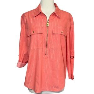 Michael Michael Kors coral pink gold metallic stripe 1/2 zip pullover top size L